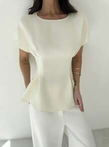 Firerie Chemise élégante et simple à manches courtes pour femmes avec design plissé et ceinture à la taille, style vintage texture bambou abricot, convient pour le trajet, les vacances, la remise des diplômes, l'usage quotidien