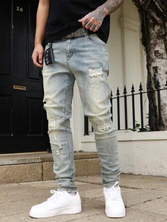 Manfinity Homme Men's Casual Ripped Pocket Street Wear Denim Jeans