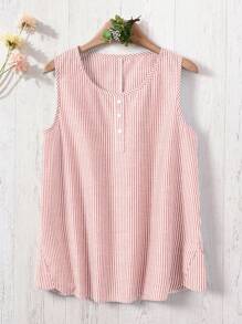 Rusticease Camiseta sin tirantes casual y versátil con decoración de botones a rayas para mujer - Rosa Pálido - Ver 3