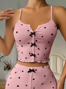 Women Heart Print Bow Decor Pajama Top