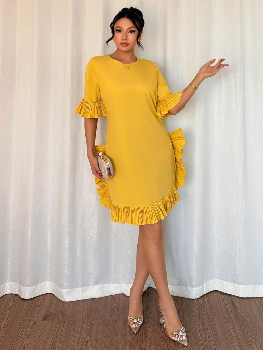 SHEIN Clasi Casual Unique Pleated Women Short Sleeve Dress - Yellow - View 1
