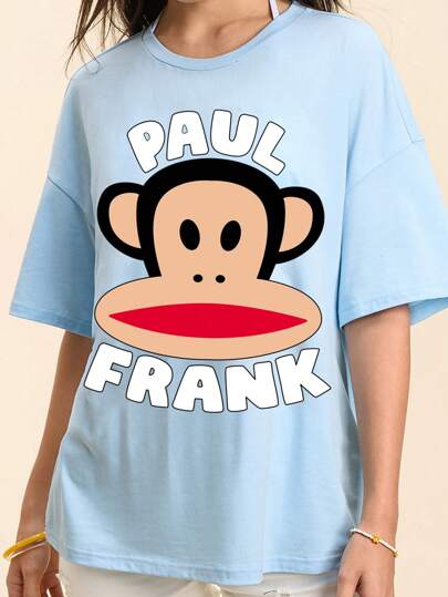 Paul Frank X SHEIN 女士休闲字母与猴子印花圆领短袖T恤，夏季