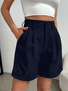 Celisse Women's Pleated Solid Color High Waist Casual Shorts For Summer - Navy Blue - View 5
