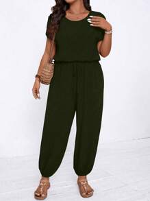 SHEIN LUNE Mono de manga corta, unicolor, informal, de talla grande - Verde militar - Ver 1