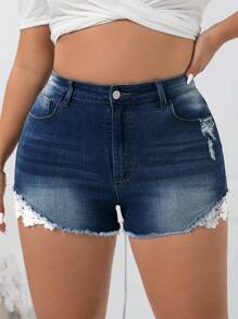 SHEIN Tall CURVE Plus Size Denim Shorts, Fashionable For Summer - Blue - View 5