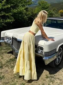 SHEIN EZwear 2-Piece Set Of Women's Butter Yellow Striped Button-Front Vest And A-Line Maxi Skirt - Yellow - View 4