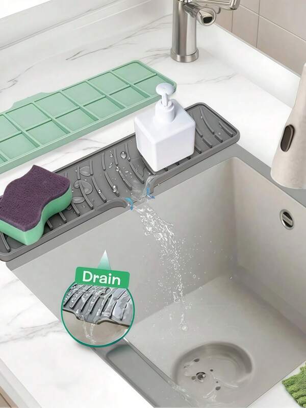 Soft Silicone Sink Drain Board, Non-Slip Kitchen Countertop Drainer Mat, Sloped Dish Drying Rack Pad, Durable & Flexible Dish Drying Mat For Sink