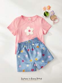 Cozy Pixies Toddler Girls 2pcs Floral Graphic Knitted Soft Round Neck Short Sleeve Top And Elastic Waist Shorts Set - Multicolor - View 3