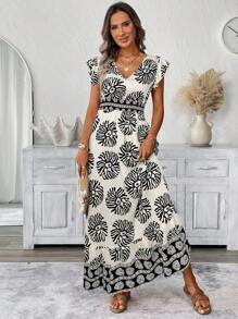 SHEIN LUNE Đầm dài chữ A nhún bèo tay bồng xòe eo nhún bèo cho nữ, Đầm in họa tiết thường ngày cho kỳ nghỉ - Màu be - Xem 4