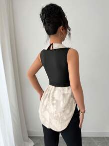 Elenzga Women's Mesh Patchwork Floral Jacquard Ruffle Hem Sleeveless Fashionable Blouse Beige - Apricot - View 2