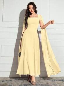 Modelyn Đầm dài đơn giản cổ vuông màu trơn cho nữ, đầm dạ hội dài - Màu vàng - Xem 4