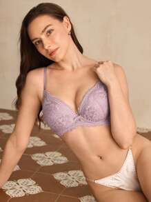 Charlaine French Sexy Lace Bra For Women, Small Bust Lift Up Underwire Bra, Adjustable Support - Lilac Purple - View 4