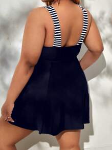 Swim Lushoire Plus Size Vacation Beach Striped Splice Swimsuit Skirt,Summer Outfits For Women,Bathing Suit - Navy Blue - View 2