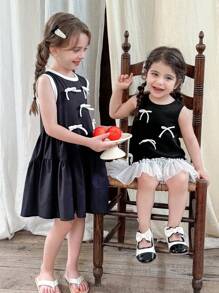 LMoss Kids Vestido ajustado sin mangas de cuello redondo de punto con diseño de parches y bajo acampanado para niña - Azul - Ver 5