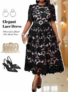 Fleurora 春夏优雅通勤婚礼情人节办公室彩色编织蕾丝圆领喇叭泡泡袖荷叶边领中长短袖大码连衣裙节日服装优雅服装秋季服装曲线夏季女士夏季服装情人节生日服装女士情人节连衣裙茶会服装春季情人节服装情人节服装女士节日服装女士大码连衣裙优雅优雅连衣裙 - 彩色 - 查看 2