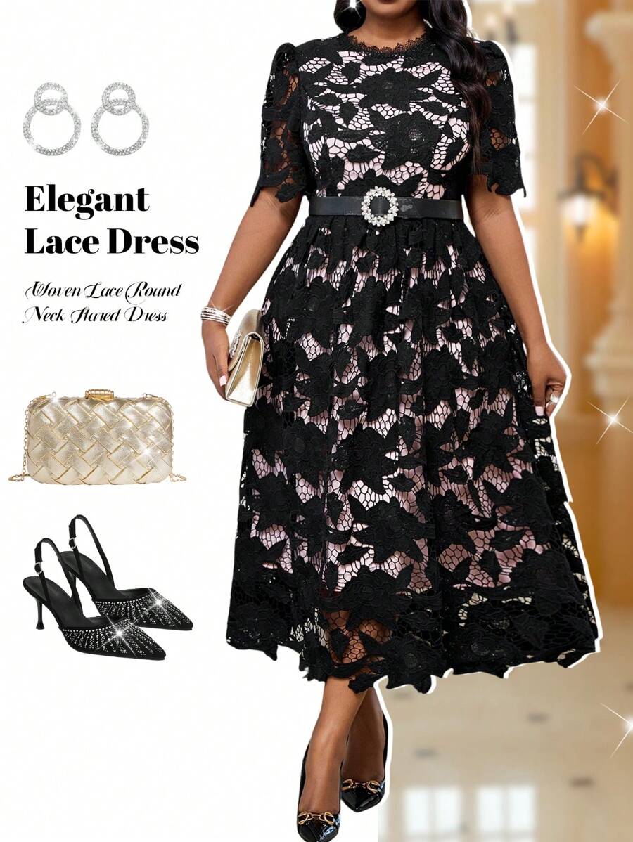 Fleurora 春夏优雅通勤婚礼情人节办公室彩色编织蕾丝圆领喇叭泡泡袖荷叶边领中长短袖大码连衣裙节日服装优雅服装秋季服装曲线夏季女士夏季服装情人节生日服装女士情人节连衣裙茶会服装春季情人节服装情人节服装女士节日服装女士大码连衣裙优雅优雅连衣裙