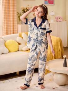 SHEIN 青春期前女童泡泡皱植物与动物印花纽扣睡衣套装 - 杏色 - 查看 4