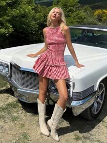 SHEIN EZwear Holiday Outfits Summer Island Vacation Outfits Women's Regular Cute Holiday Red & White Plaid Sleeveless Mini Dress Women Short Dresses Summer - Red - View 1