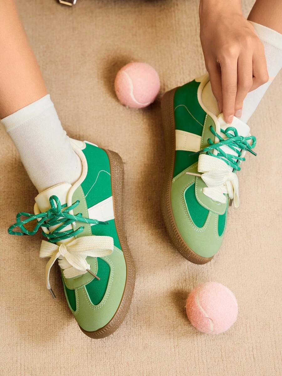 CUCCOO EASI 女式银色德国牧羊犬运动鞋，2024年春夏新品，厚底运动休闲系带运动鞋，绿色