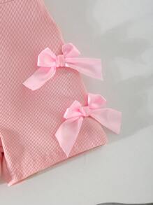Pelele informal sin mangas con cintura elástica para niñas pequeñas, de tela acanalada de unicolor con decoración de lazo 3D, rosa, para verano