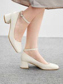 CUCCOO BIZCHIC Simple Mary Jane Chunky Heel Pumps For Women, Halloween - Beige - View 1