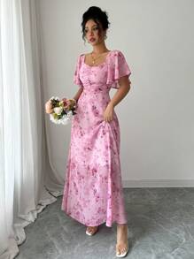 Modelyn Chiffon vlinderprint vleermuismouwen geplooide zoete Franse zomerjurk voor dames