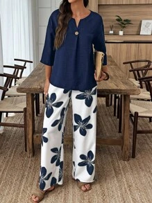 SHEIN LUNE 2pcs Women Vacation Solid V-Neck 3/4 Sleeve Shirt & Floral Print Pants Casual Set
