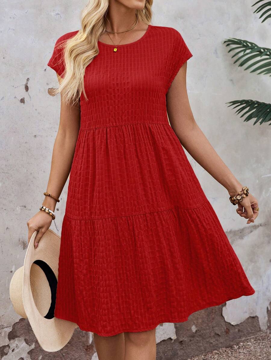 EMERY ROSE Women's Spring/Summer Solid Ruffle Hem Round Neck Short-Sleeve Dress,Dresses For Women Summer - Red - View 1