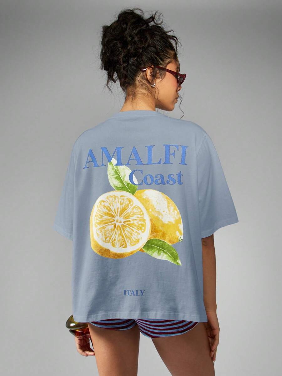MISSGUIDED Italian Inspired Amalfi Coast Lemon Print Summer Beach Vacation Holiday Oversized Relaxed T-Shirt Mediterranean Travel Island Weekend Casual Wear - Blue - View 1
