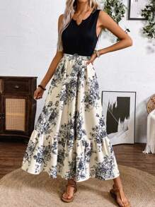 EMERY ROSE Váy dài bất đối xứng in họa tiết mùa xuân/hè (Áo vest dệt kim dài vừa phải & váy dệt, họa tiết lá) Trang phục đi biển dài đến đầu gối cho nữ - Nhiều màu - Xem 4