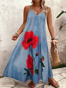 SHEIN Clasi 加大码女式花卉玫瑰印花细肩带 V 领连衣裙，宽松舒适 - 藍色 - 查看 4