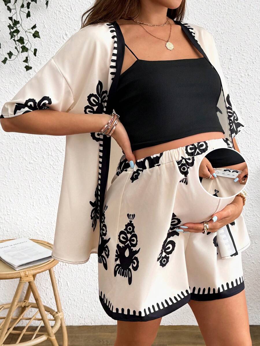 SHEIN Maternity Floral Print Drop Shoulder Kimono Robe And Adjustable Waist Loose Shorts Set, Vacation Outfit - Apricot - View 1