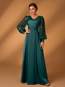 Serin Women's Teal Winter Formal Elegant Bridesmaid Evening Formal Sequins & Satin Patchwork Lantern Sleeve Wrap V Neck Ruched A-Line Hem Dress For Wedding - Dark Green - View 7