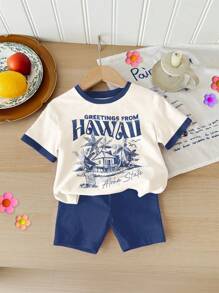 SHEIN Young Girl Vintage Western Landscape Print Casual Short Sleeve Round Neck T-Shirt And Shorts 2 Pieces Outfit, Suitable For Summer