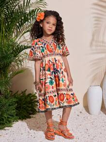 Young Girl Tropical Print V-Neck Short Sleeve Casual Beach Dress, Suitable For Vacation, Spring/Summer - Multicolor - View 3