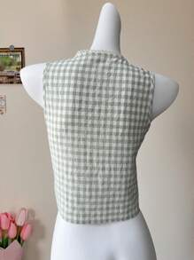 Comfortcana Summer Green Check Tie Front Bow Sleeveless Shirt - Green - View 2