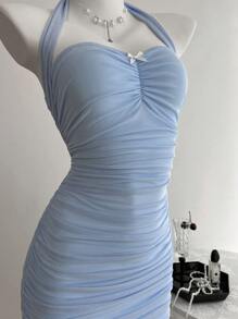 Elamini 网眼露背度假百搭修身女式连衣裙 - 藍色 - 查看 6