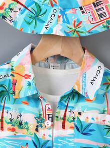 3pcs/Set Young Boy Casual Resort Style Polo Collar Digital Printed Comfortable Fabric Short Sleeve Buttoned Top Paired With Elastic Waist Shorts + Bucket Hat. Comfortable & Fashionable, Suitable For Summer Wear, Showcase Boy's Personalized Charm, Fit For 4-7 Years Old Kids On Vacation, Beach, Outdoor Activities - Blue - View 7