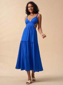 Travachic Women's Solid Color Spaghetti Strap Hollow Out Casual Dress - Royal Blue - View 1