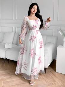 Feyla Women Floral Print Semi-Sheer Long Sleeve Dress,Bohemian Clothes - Red - View 5