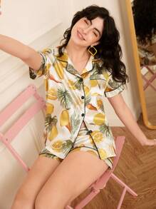 SHEIN 女士水果印花短袖短裤睡衣套装，丝滑触感，夏季