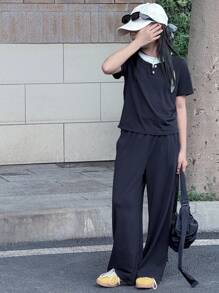 DAZY Set de 2 piezas: Camiseta de manga corta de cuello redondo tejida y pantalones largos para niñas preadolescentes, ropa de primavera/verano, de vuelta a la escuela - Azul Marino - Ver 1