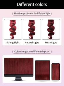 1 件勃艮第红色夹式波浪真人发片 99J 厚接发，适合女孩假发，柔软蓬松波浪，5 夹双纬夹式接发