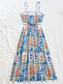 Soleia Women's Resort Tropical Landscape Print Cutout Cinching Waist Fit And Flare Summer Midi Dress, Boho Style, Suitable For Holiday, Dates, Afternoon Tea, Beach,Bohemian Clothes Vacation Dress - Multicolor - View 2