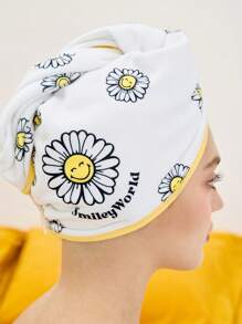 SmileyWorld® | SHEIN Gorro secador de cabello con estampado de flor con cara sonriente, toalla de cabello de material absorbente con pequeño diseño de margarita, apto para todo tipo de cabello, productos de baño