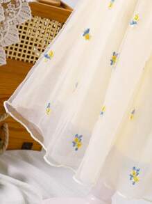 SHEIN Rochie drăguță pentru fete cu broderie florală din plasă cu gât rotund și mânecă bufantă