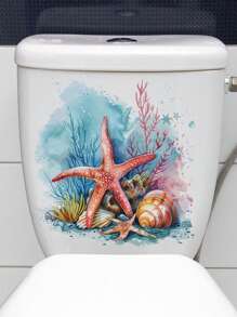 1pc/2pcs/4pcs Ocean Beach Cartoon Starfish Pattern Stickers PVC Bathroom Seat Cover Stickers Vinyl Stickers, Bathroom Bucket Cover Stickers, Bathroom Decorations, Waterproof Removable Stickers - Multicolor - View 1