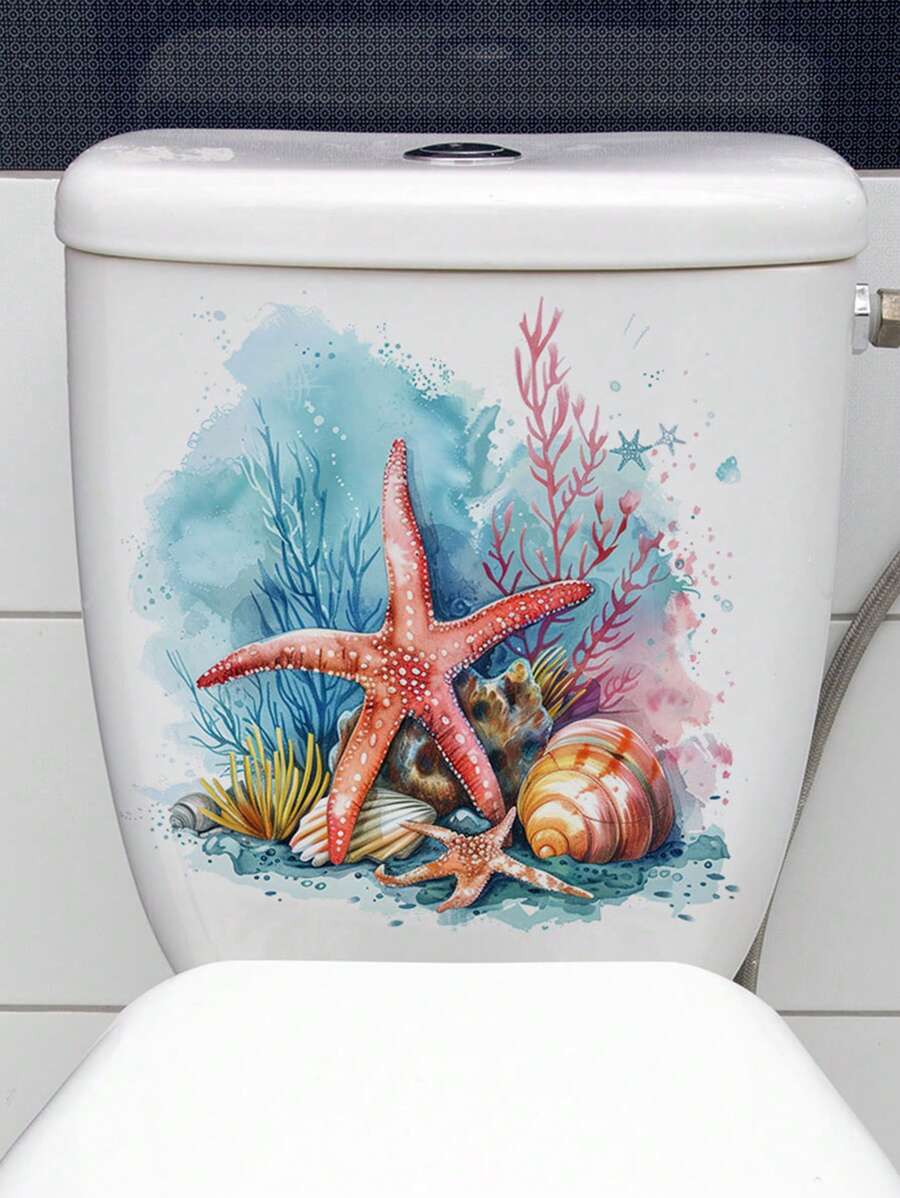 1pc/2pcs/4pcs Ocean Beach Cartoon Starfish Pattern Stickers PVC Bathroom Seat Cover Stickers Vinyl Stickers, Bathroom Bucket Cover Stickers, Bathroom Decorations, Waterproof Removable Stickers - Multicolor - View 1