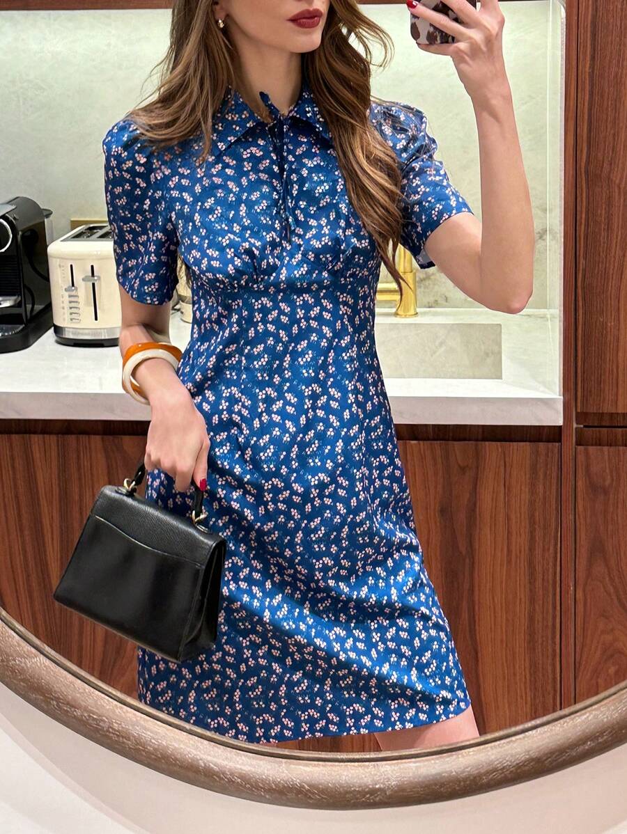 Pariaura Rochie albastră cu imprimeu floral și imprimeu de plajă, cu talie elastică și croială slim fit, de vară, pentru plajă - Albastru - Vizualizare 1