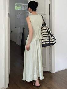 DAZY 2pcs Women Pleated V-Neck Sleeveless Cardigan And Loose Long Skirt Casual Two Pieces Outfits - Khaki - View 5